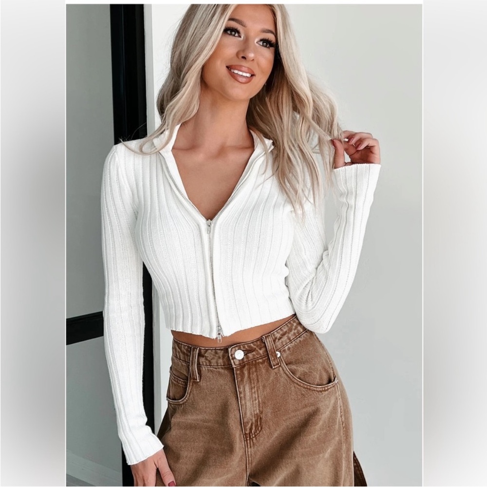 Ivory Cable Knit 2-Way Zip-Up and Down Sweater